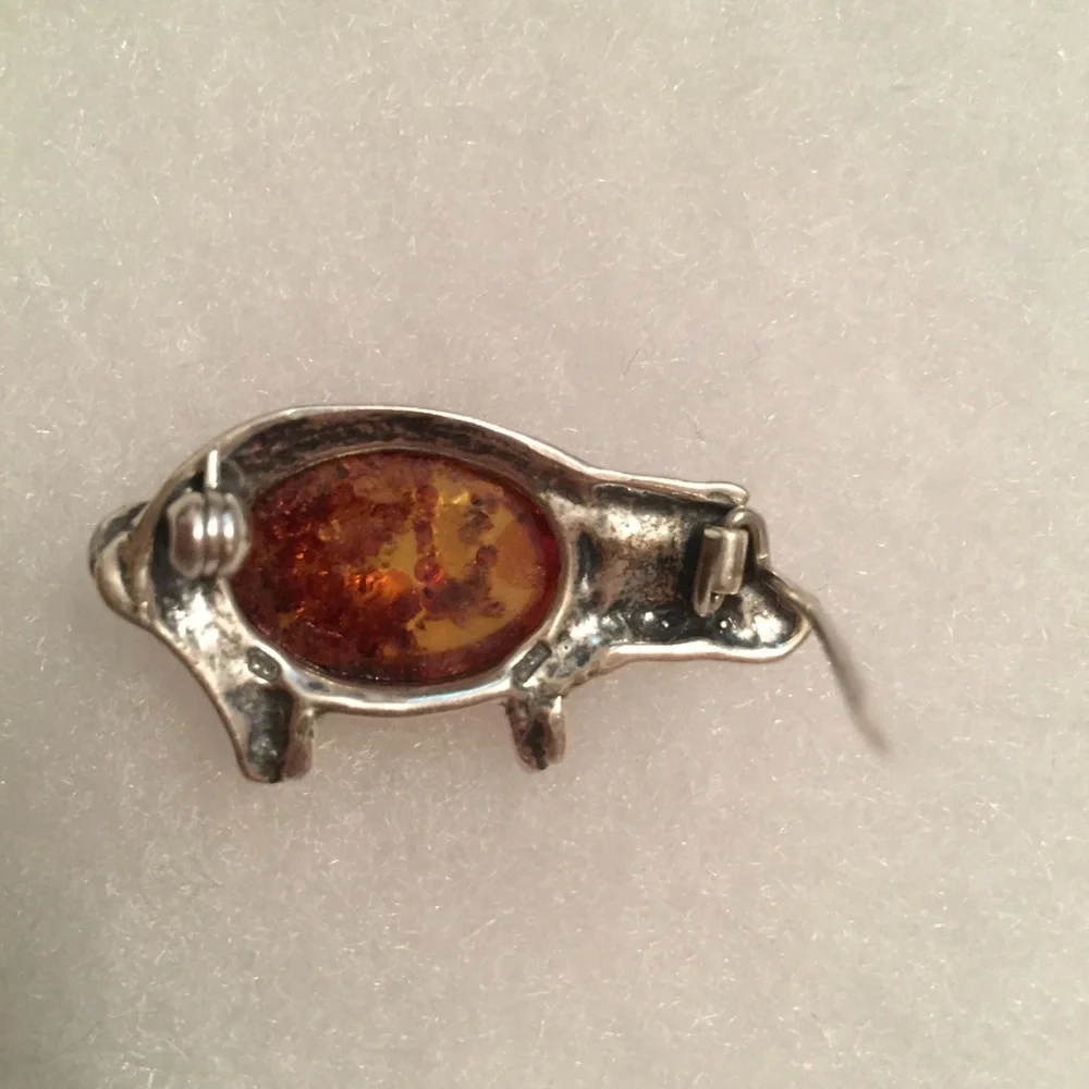 BROOCH PIN VINTAGE STERLING SILVER 925 AMBER PIG - Picture 4 of 5